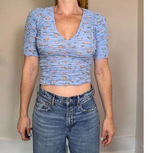 ZARA Blue Floral Rose Print Ruched Tulle Crop Top Ruffle Sleeve V-Neck Sz M NWT